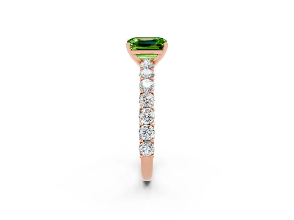 Rose gold Emerald Cut Peridot Solitaire Ring with Shared Prong Pavé Band and Four-Prong Setting