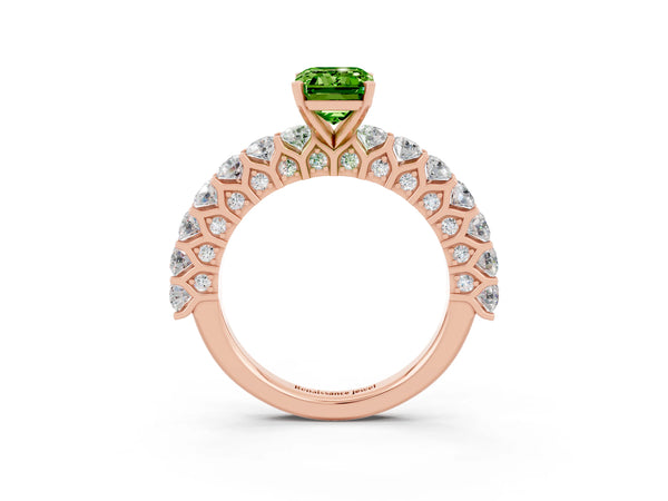 Rose gold Emerald Cut Peridot Solitaire Ring with Shared Prong Pavé Band and Four-Prong Setting