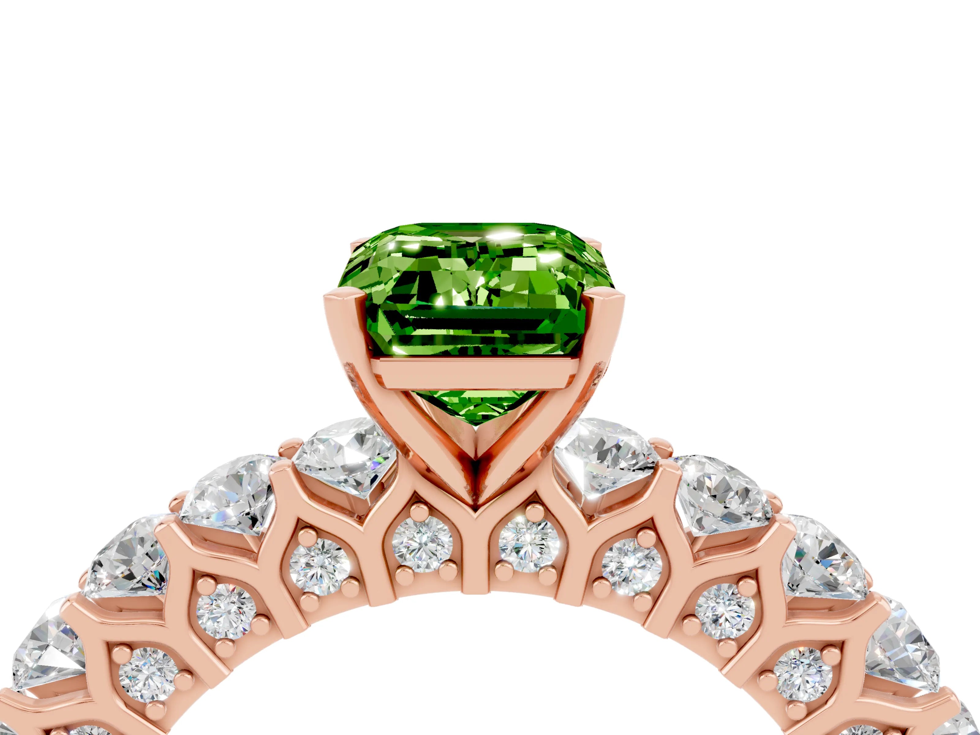 Rose gold Emerald Cut Peridot Solitaire Ring with Shared Prong Pavé Band and Four-Prong Setting_4