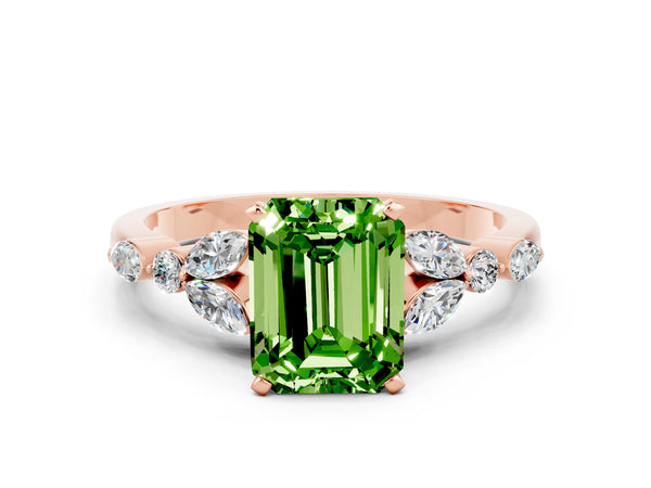 Rose gold Emerald Cut Peridot Solitaire Ring with Side Stones and Four-Prong Setting