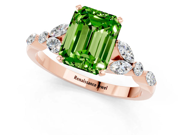 Rose gold Emerald Cut Peridot Solitaire Ring with Side Stones and Four-Prong Setting