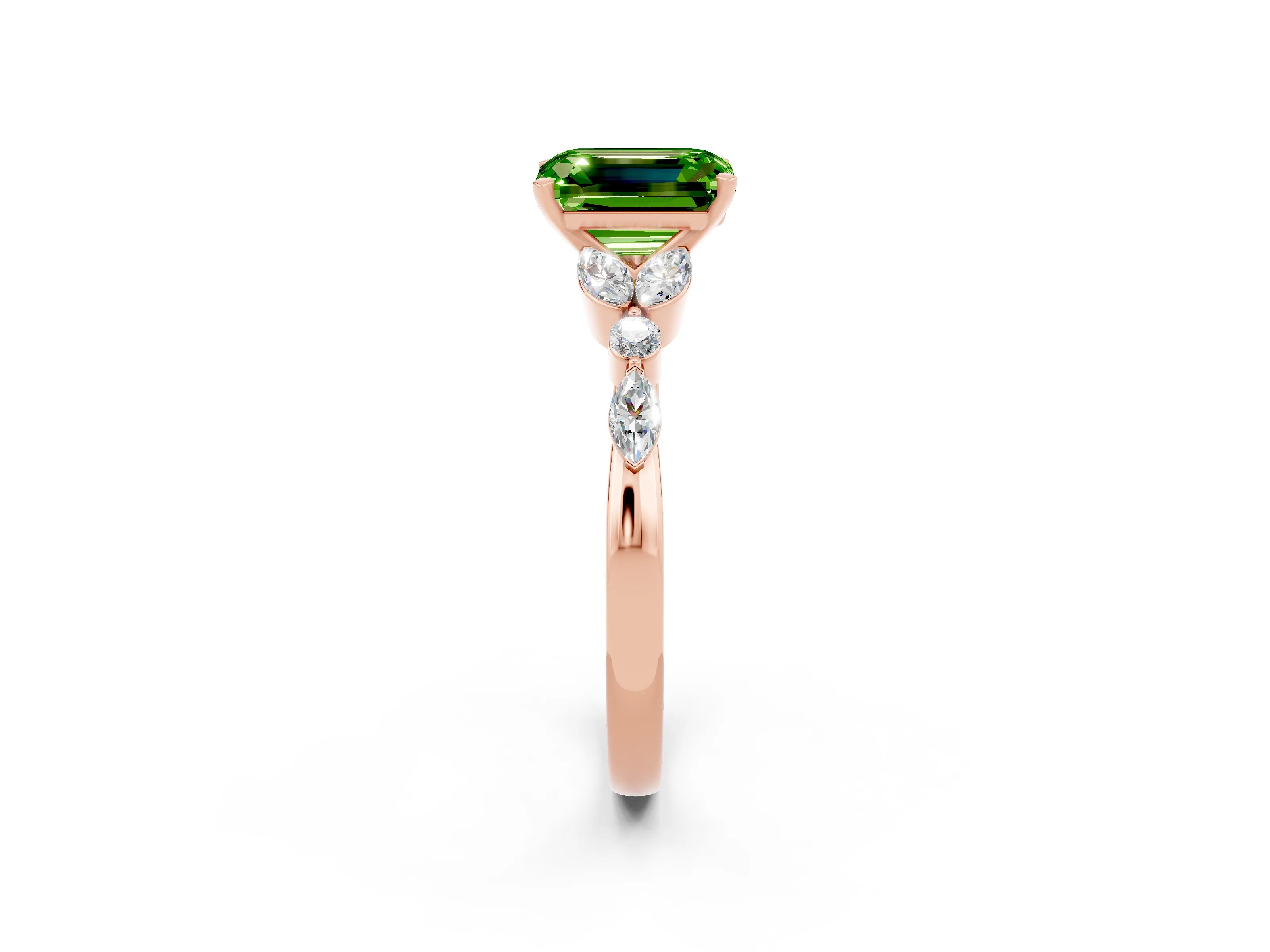Rose gold Emerald Cut Peridot Solitaire Ring with Side Stones and Four-Prong Setting_14