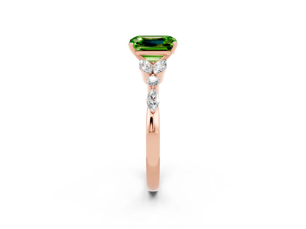 Rose gold Emerald Cut Peridot Solitaire Ring with Side Stones and Four-Prong Setting