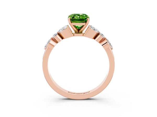 Rose gold Emerald Cut Peridot Solitaire Ring with Side Stones and Four-Prong Setting