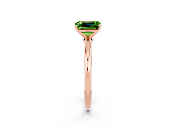 Rose gold Emerald Cut Peridot Solitaire Ring with Six-Prong Setting and Classic Band
