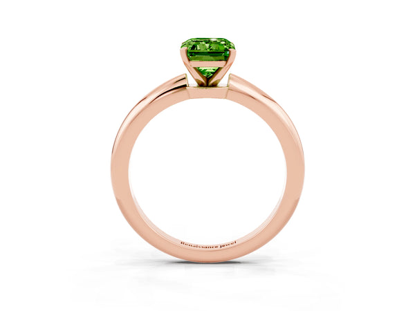 Rose gold Emerald Cut Peridot Solitaire Ring with Six-Prong Setting and Classic Band