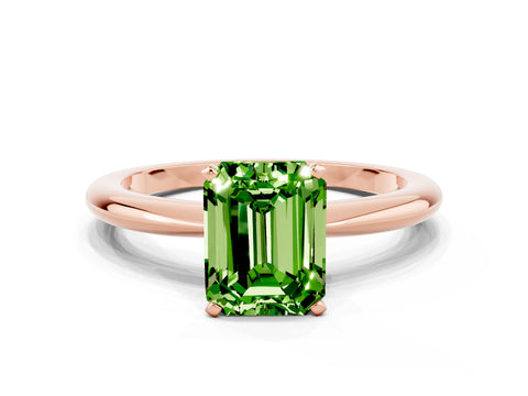 Rose gold Emerald Cut Peridot Solitaire Ring with Six-Prong Setting and Classic Band