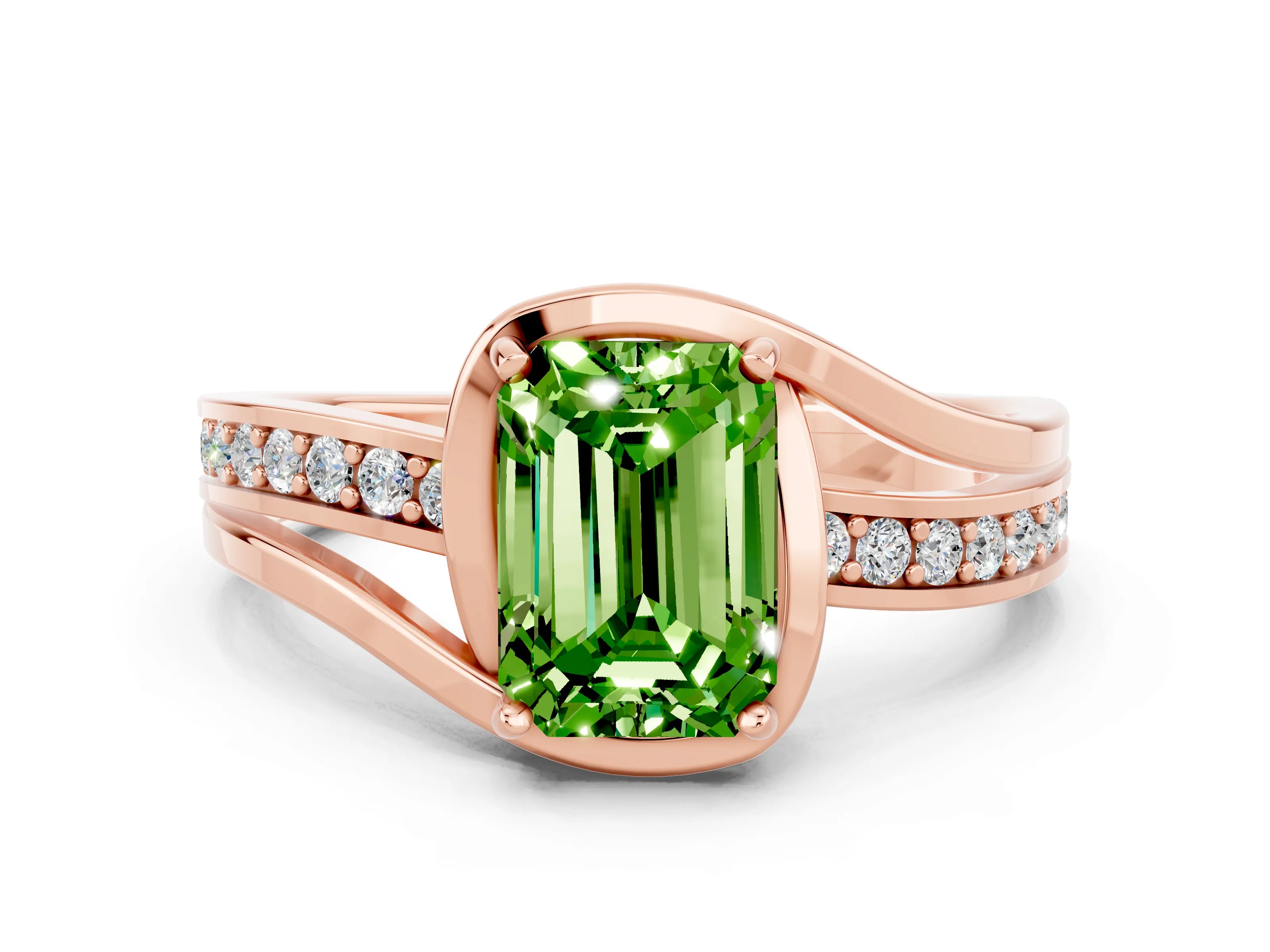 Rose gold Emerald Cut Peridot Solitaire Ring with Split Shank and Prong Setting