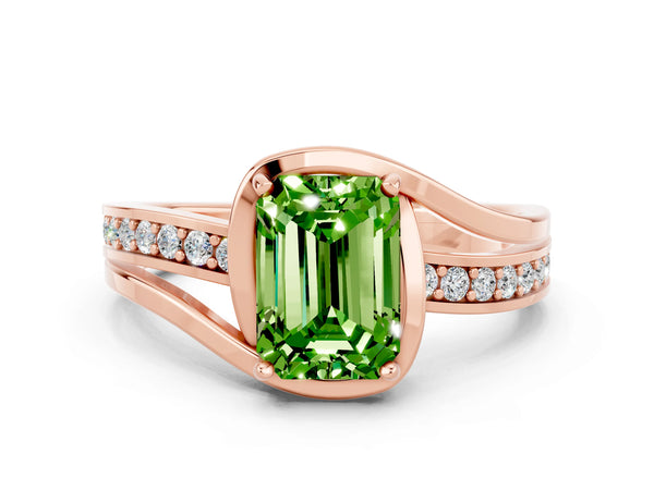 Rose gold Emerald Cut Peridot Solitaire Ring with Split Shank and Prong Setting