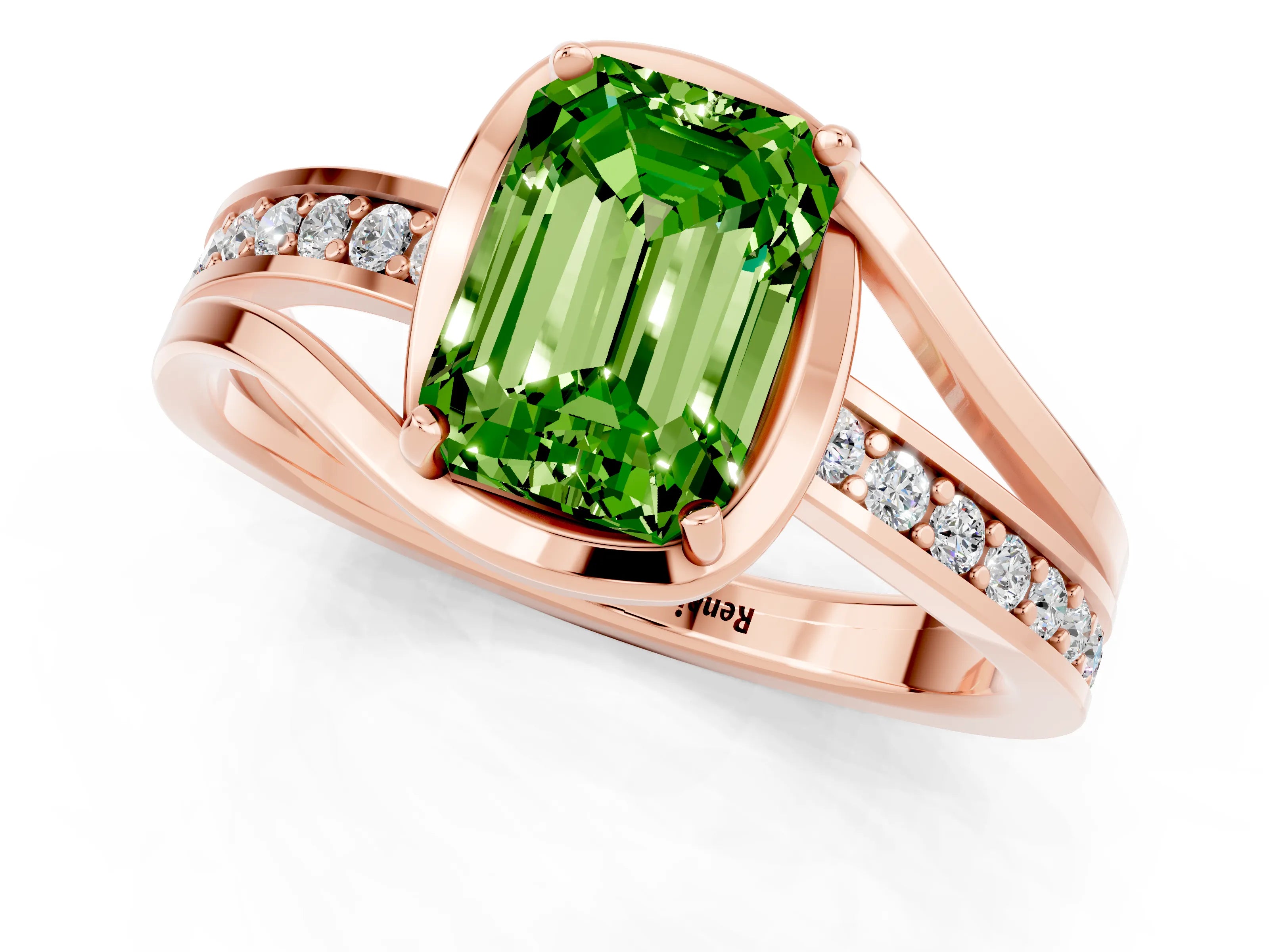 Rose gold Emerald Cut Peridot Solitaire Ring with Split Shank and Prong Setting_1