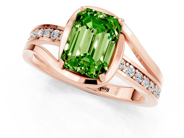 Rose gold Emerald Cut Peridot Solitaire Ring with Split Shank and Prong Setting