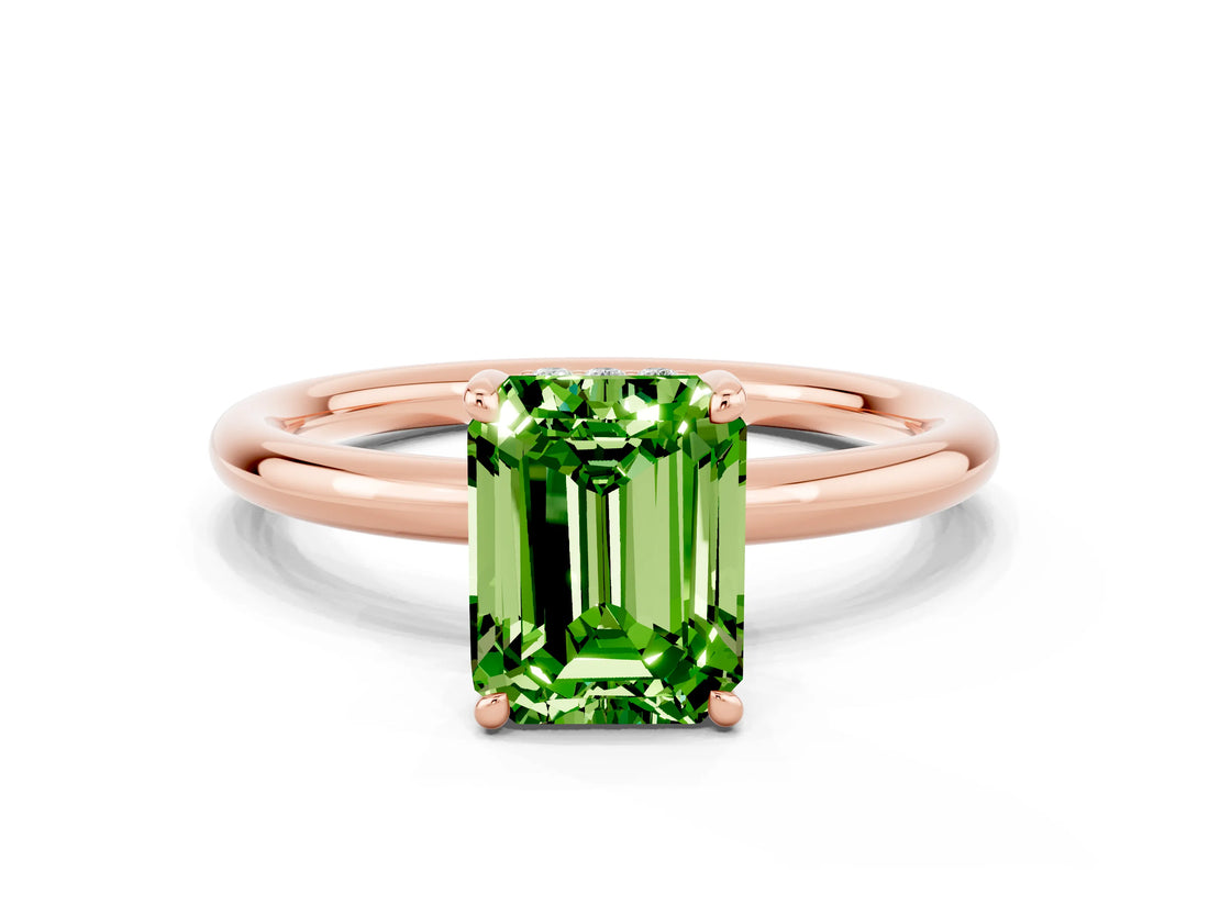 Rose gold Emerald Cut Peridot Solitaire Ring with Thin Band and Four-Prong Setting_12