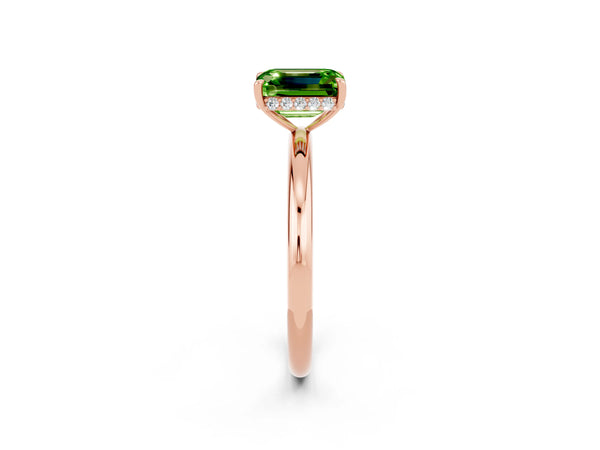 Rose gold Emerald Cut Peridot Solitaire Ring with Thin Band and Four-Prong Setting