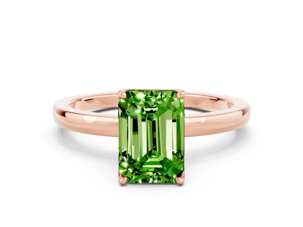 Rose gold Emerald Cut Peridot Solitaire Ring with Thin Band and Prong Setting