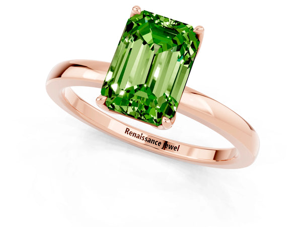 Rose gold Emerald Cut Peridot Solitaire Ring with Thin Band and Prong Setting