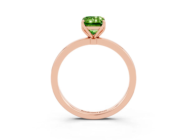 Rose gold Emerald Cut Peridot Solitaire Ring with Thin Band and Prong Setting