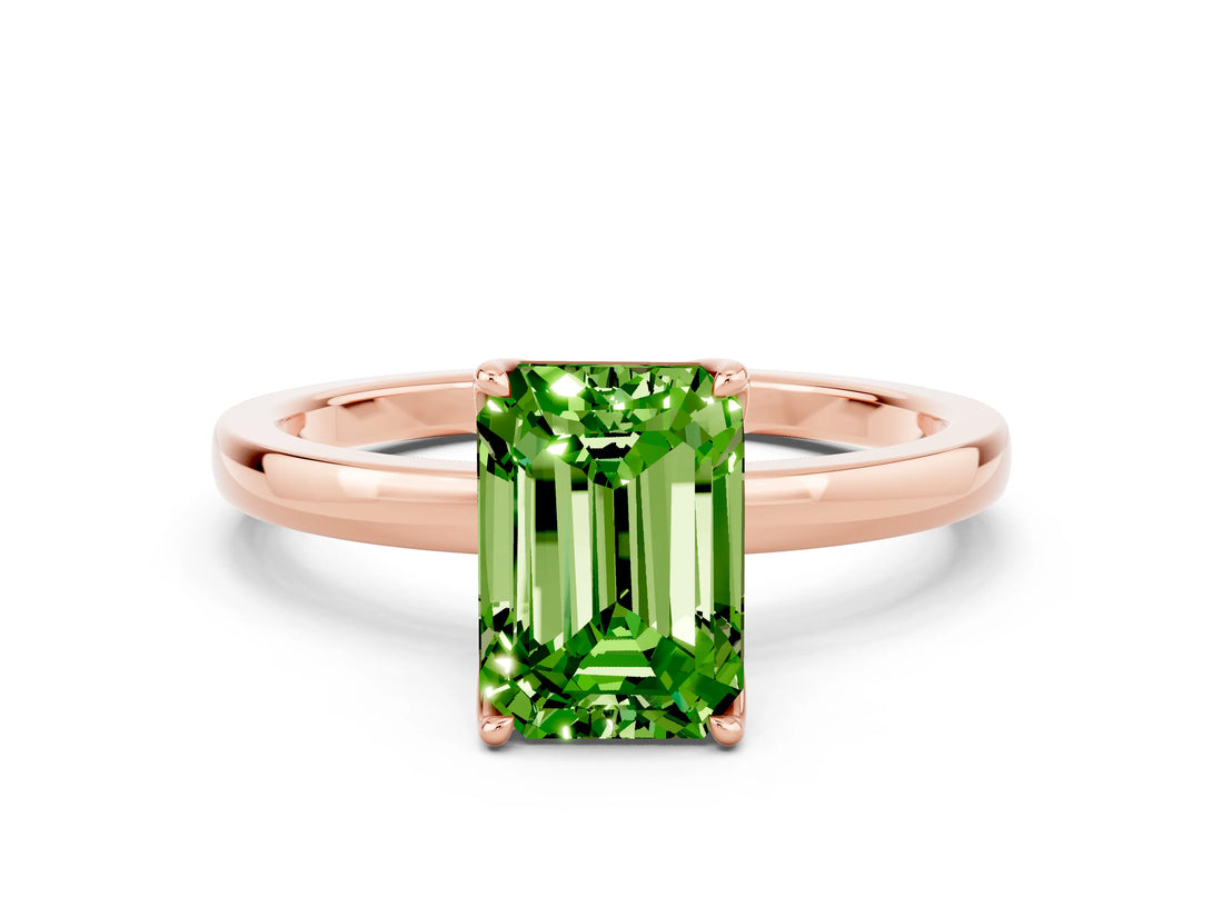 Rose gold Emerald Cut Peridot Solitaire Ring with Thin Band and Prong Setting_24