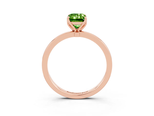 Rose gold Emerald Cut Peridot Solitaire Ring with Thin Band and Prong Setting