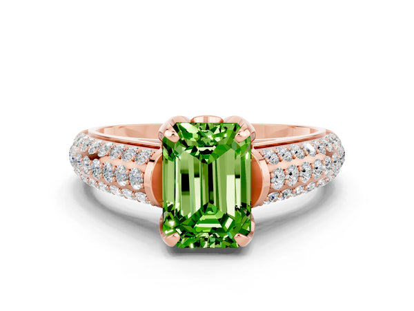 Rose gold Emerald Cut Peridot Solitaire Ring with Three-Row Pavé Band and Four-Prong Setting
