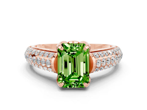 Rose gold Emerald Cut Peridot Solitaire Ring with Three-Row Pavé Band and Four-Prong Setting_12