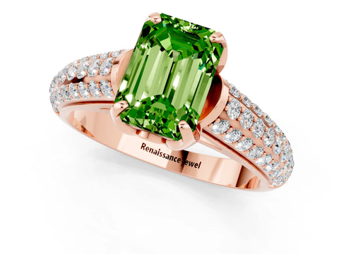 Rose gold Emerald Cut Peridot Solitaire Ring with Three-Row Pavé Band and Four-Prong Setting_13