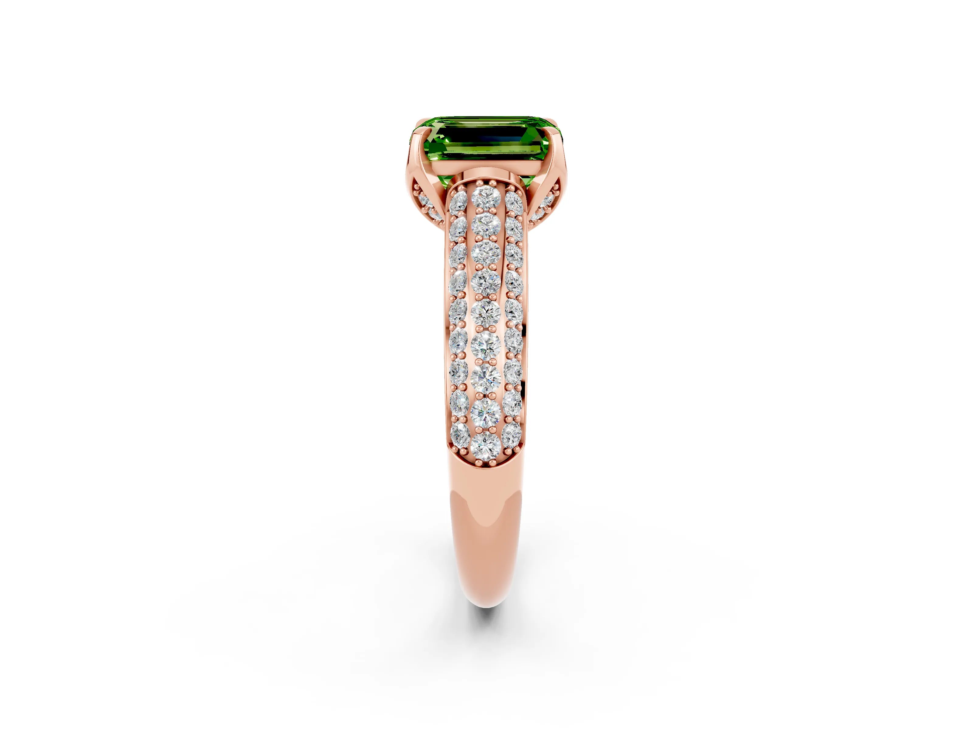 Rose gold Emerald Cut Peridot Solitaire Ring with Three-Row Pavé Band and Four-Prong Setting_14