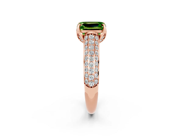 Rose gold Emerald Cut Peridot Solitaire Ring with Three-Row Pavé Band and Four-Prong Setting
