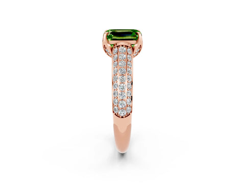 Rose gold Emerald Cut Peridot Solitaire Ring with Three-Row Pavé Band and Four-Prong Setting_14
