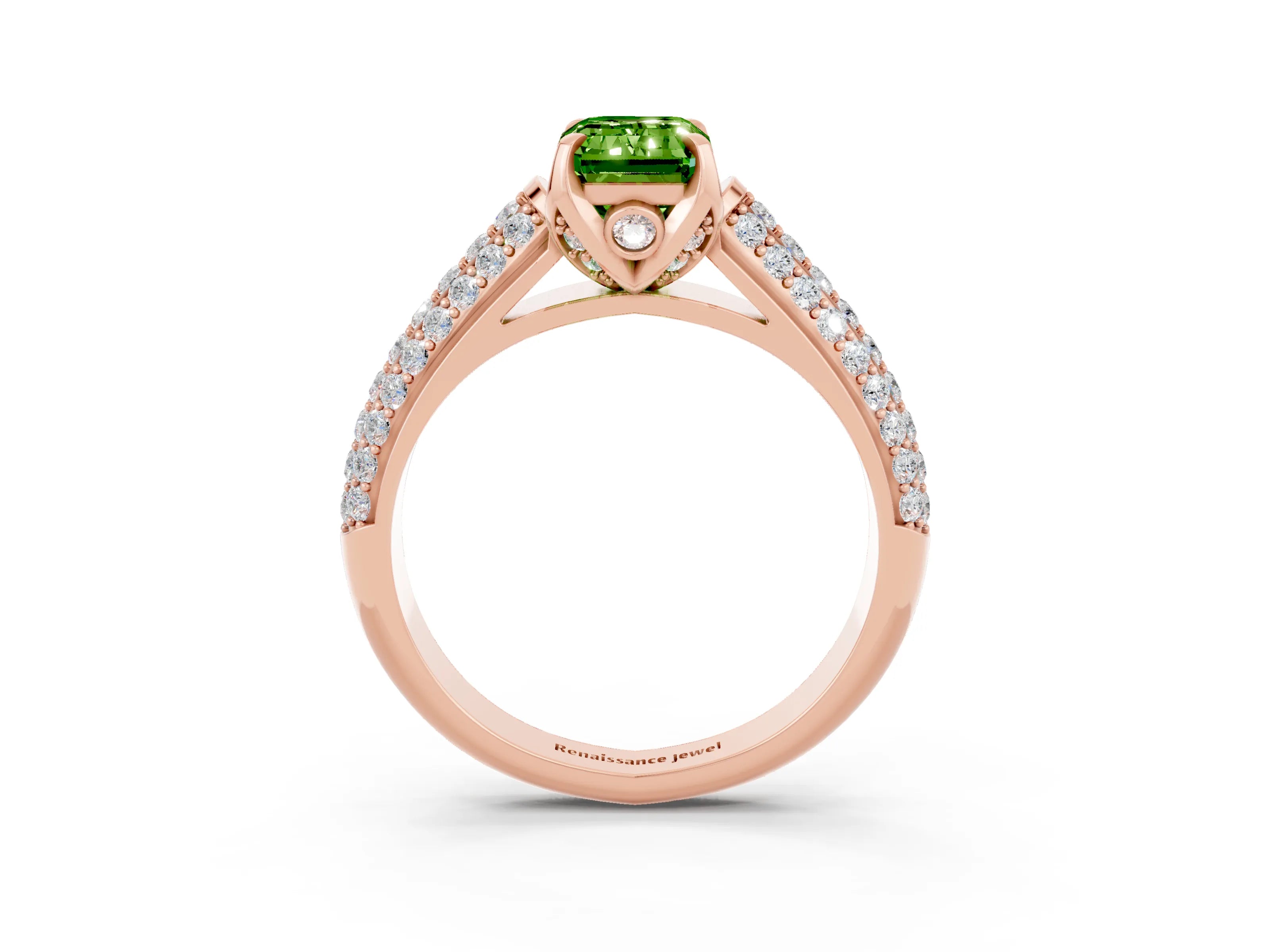 Rose gold Emerald Cut Peridot Solitaire Ring with Three-Row Pavé Band and Four-Prong Setting_15