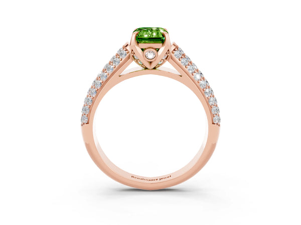 Rose gold Emerald Cut Peridot Solitaire Ring with Three-Row Pavé Band and Four-Prong Setting