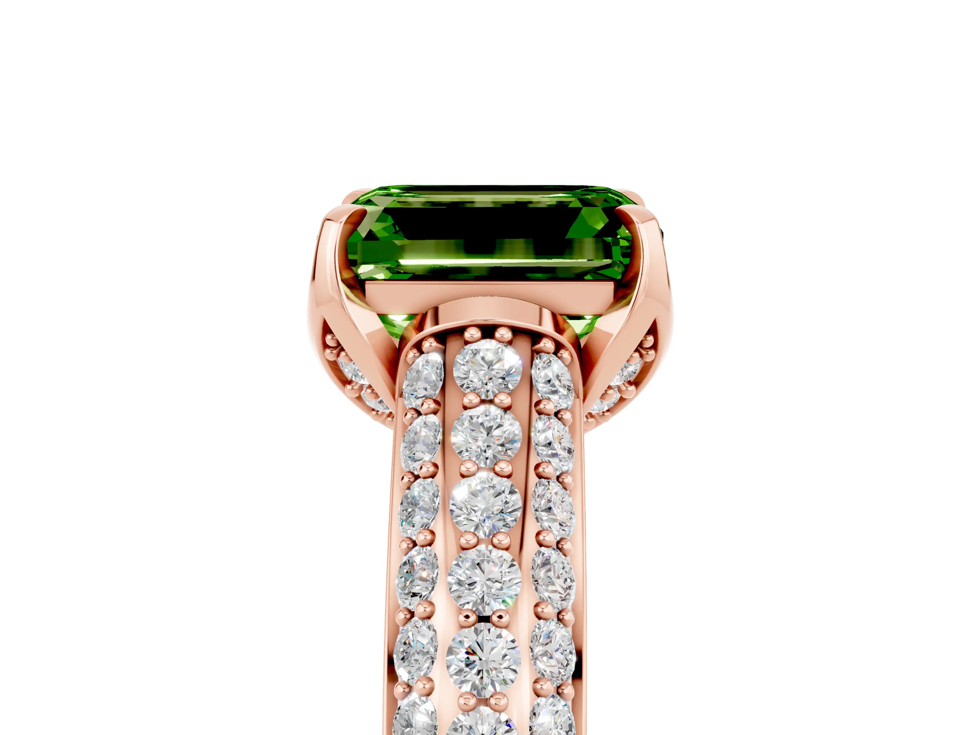 Rose gold Emerald Cut Peridot Solitaire Ring with Three-Row Pavé Band and Four-Prong Setting_17