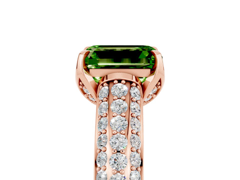 Rose gold Emerald Cut Peridot Solitaire Ring with Three-Row Pavé Band and Four-Prong Setting_17