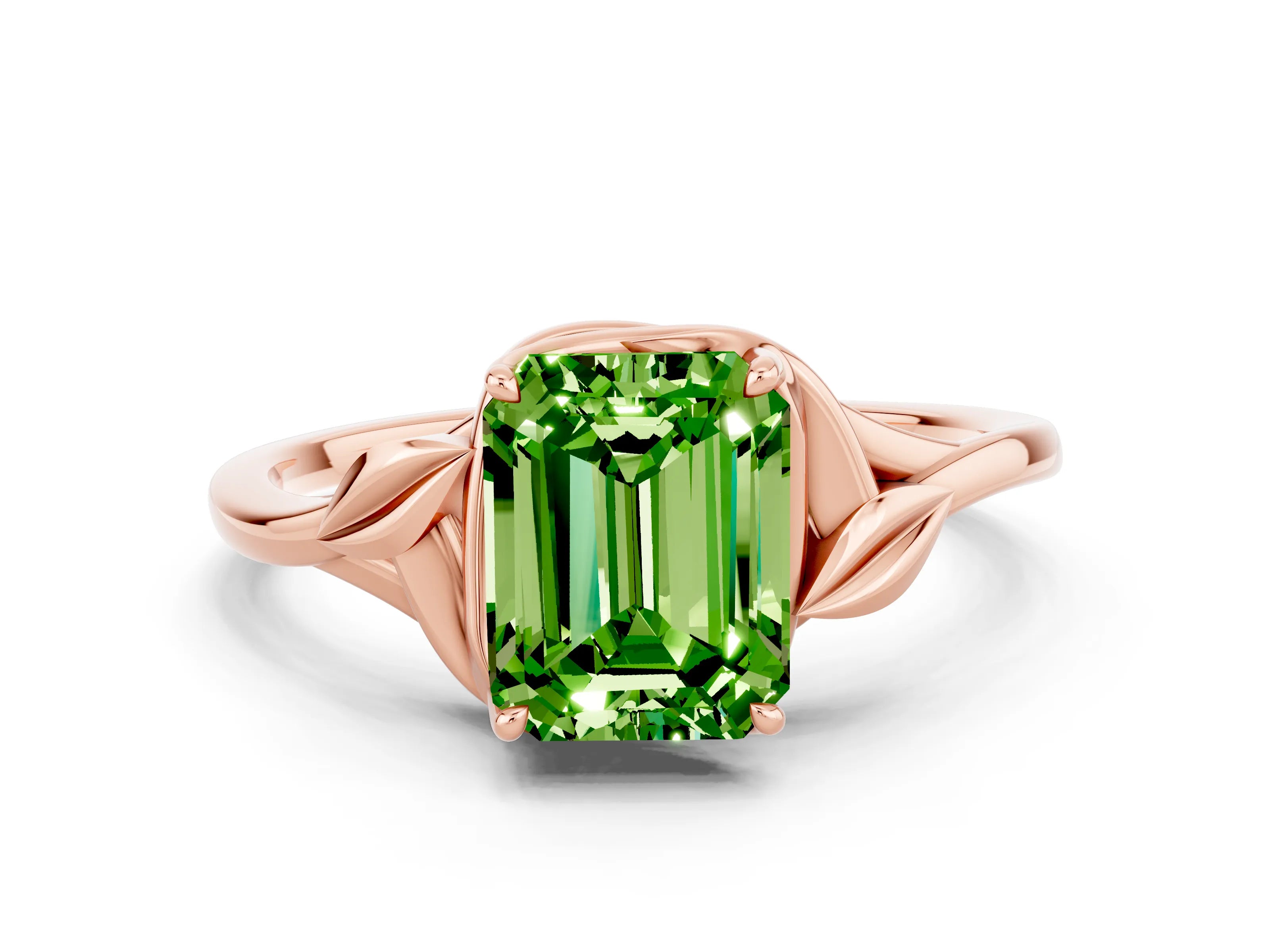 Rose gold Emerald Cut Peridot Solitaire Ring with Twist Band and Four-Prong Setting_24