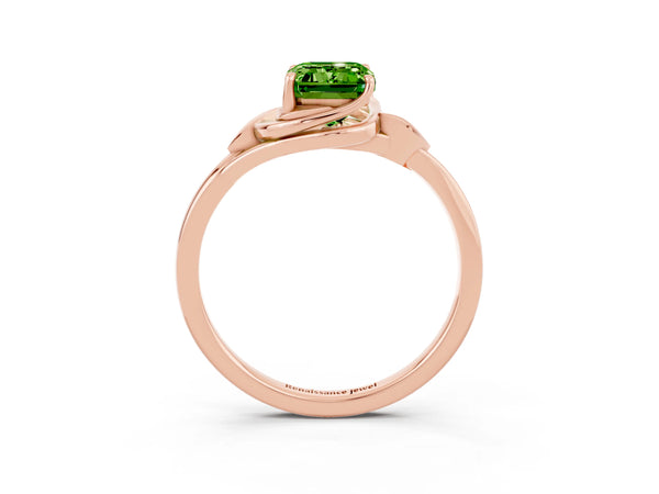 Rose gold Emerald Cut Peridot Solitaire Ring with Twist Band and Four-Prong Setting