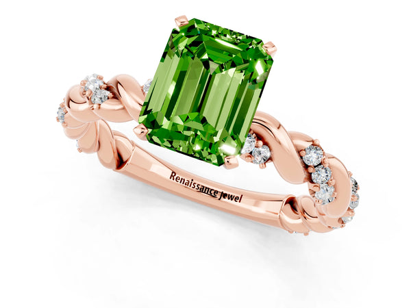 Rose gold Emerald Cut Peridot Solitaire Ring with Twisted Band and Pavé Accents