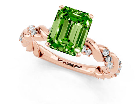 Rose gold Emerald Cut Peridot Solitaire Ring with Twisted Band and Pavé Accents_1