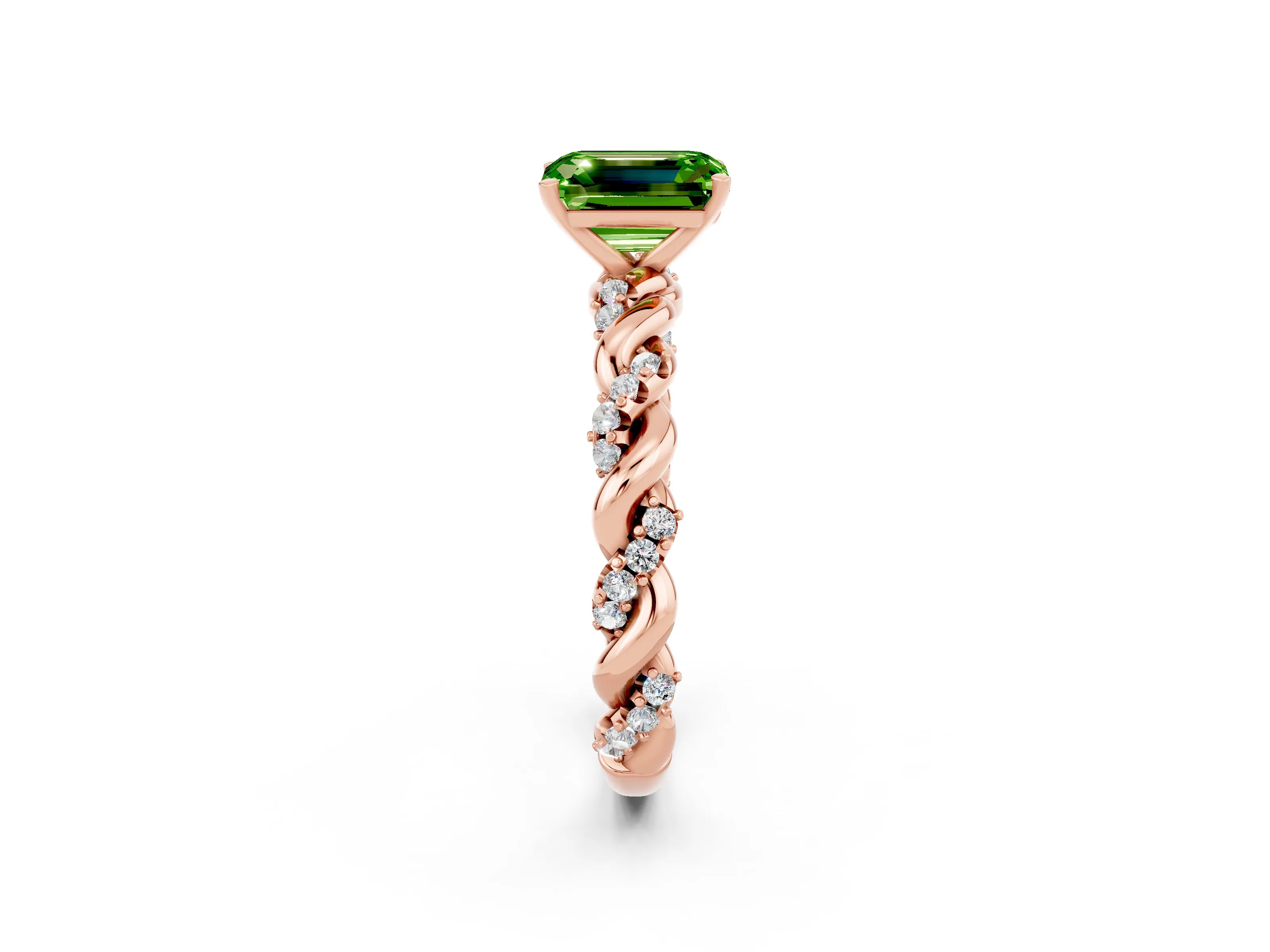 Rose gold Emerald Cut Peridot Solitaire Ring with Twisted Band and Pavé Accents_2