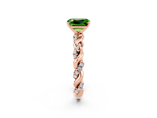 Rose gold Emerald Cut Peridot Solitaire Ring with Twisted Band and Pavé Accents