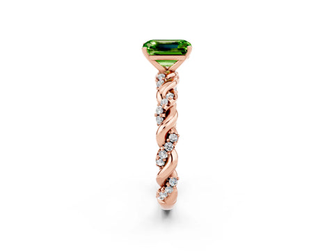 Rose gold Emerald Cut Peridot Solitaire Ring with Twisted Band and Pavé Accents_2