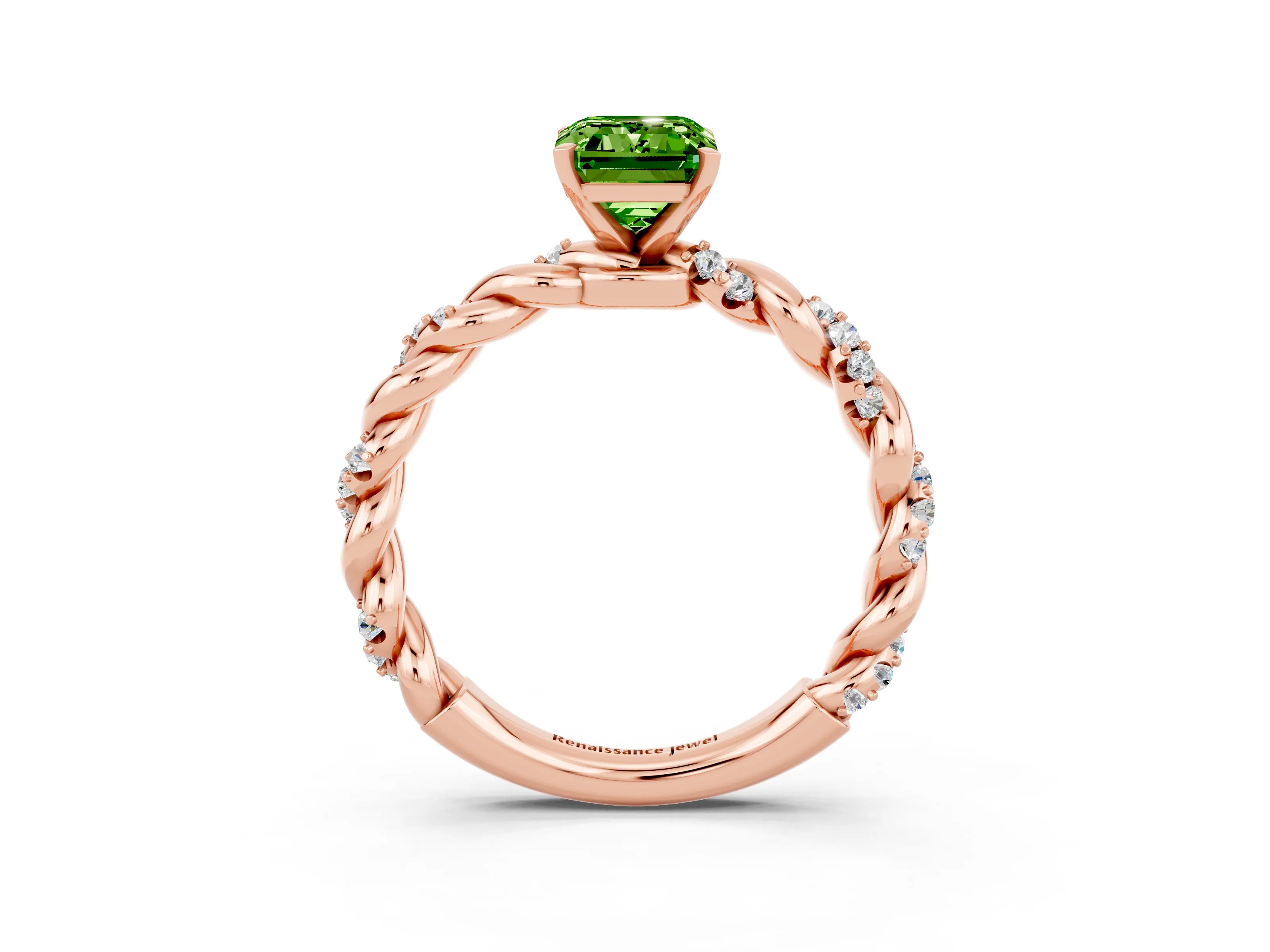 Rose gold Emerald Cut Peridot Solitaire Ring with Twisted Band and Pavé Accents_3