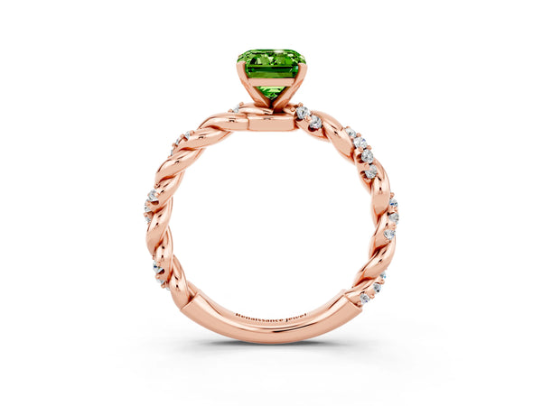 Rose gold Emerald Cut Peridot Solitaire Ring with Twisted Band and Pavé Accents