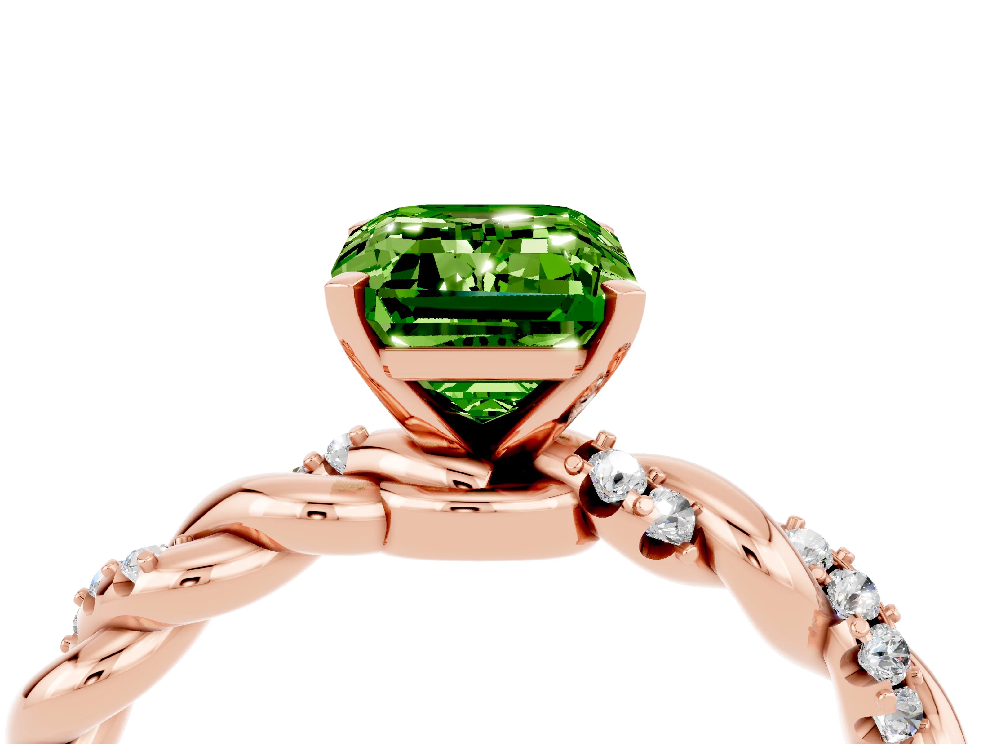 Rose gold Emerald Cut Peridot Solitaire Ring with Twisted Band and Pavé Accents_4