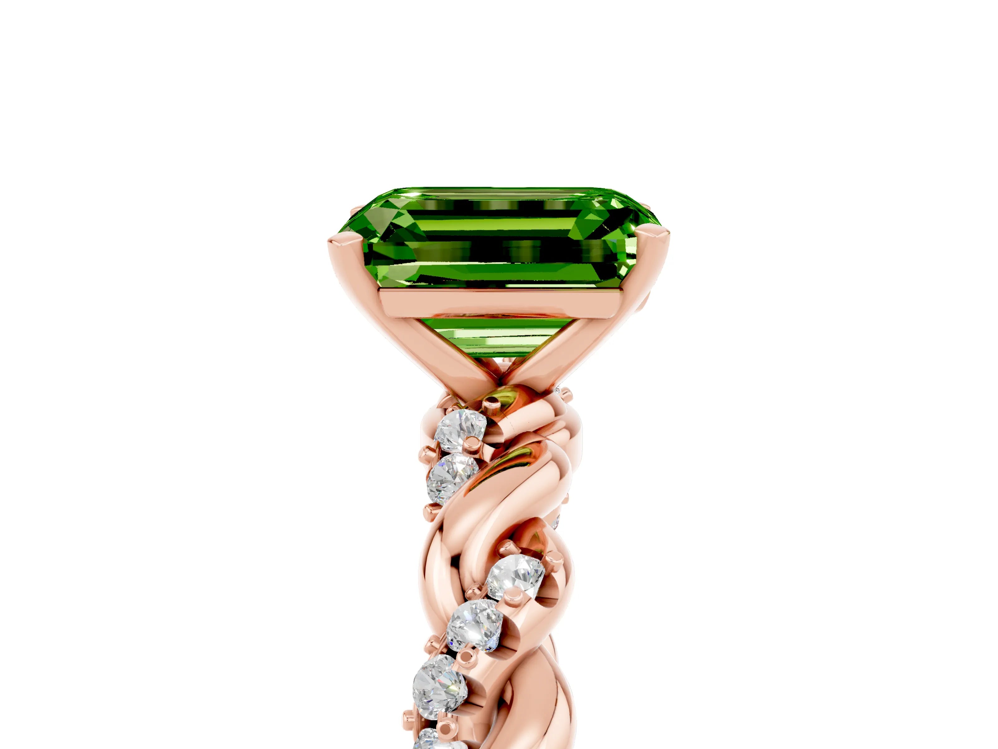 Rose gold Emerald Cut Peridot Solitaire Ring with Twisted Band and Pavé Accents_5