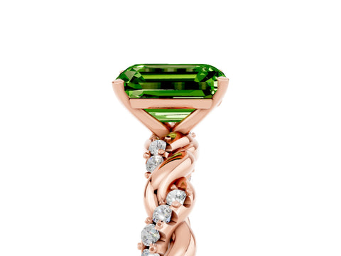 Rose gold Emerald Cut Peridot Solitaire Ring with Twisted Band and Pavé Accents_5