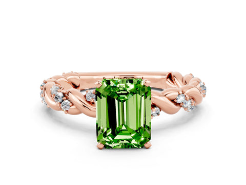 Rose gold Emerald Cut Peridot Solitaire Ring with Twisted Band and Pavé Accents