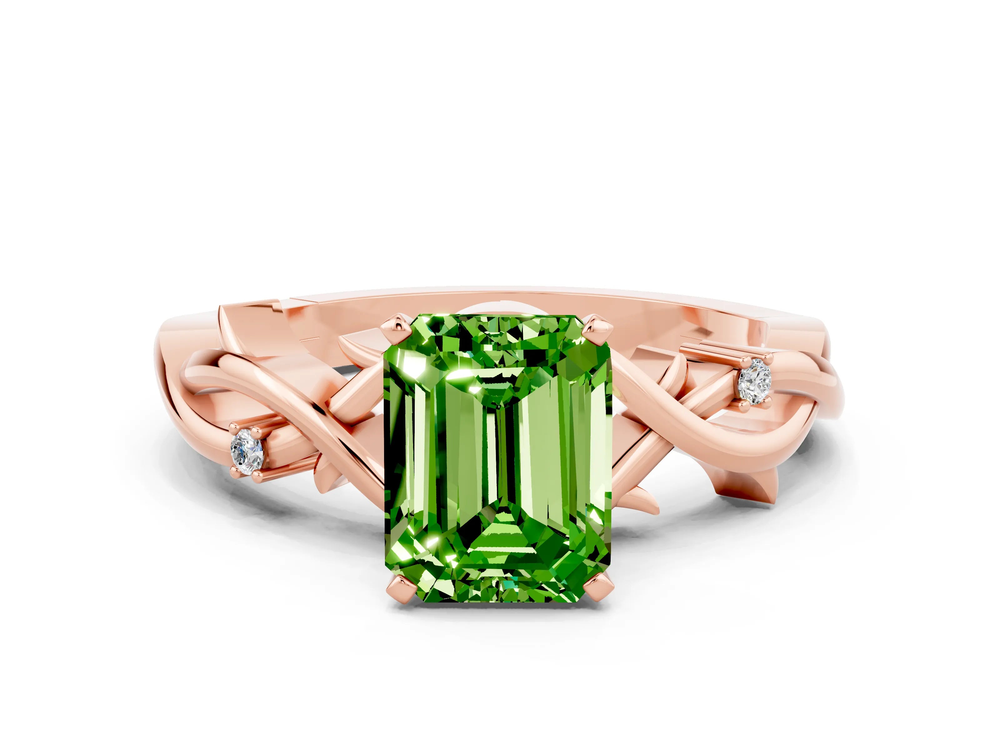 Rose gold Emerald Cut Peridot Solitaire Ring with Twisted Band and Prong Setting