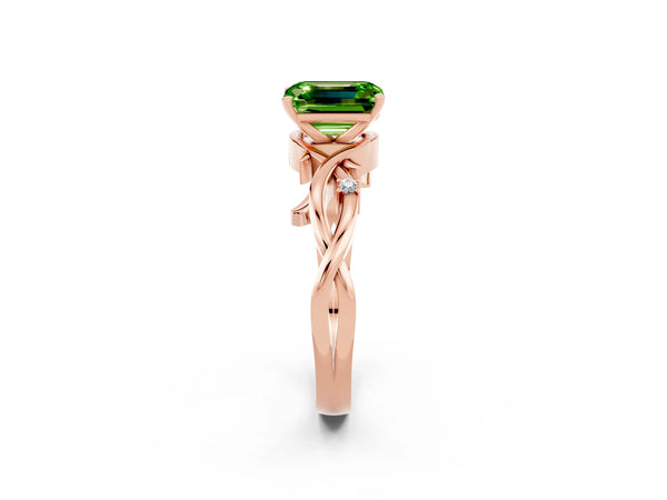 Rose gold Emerald Cut Peridot Solitaire Ring with Twisted Band and Prong Setting