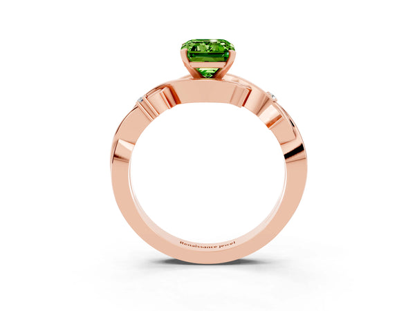 Rose gold Emerald Cut Peridot Solitaire Ring with Twisted Band and Prong Setting