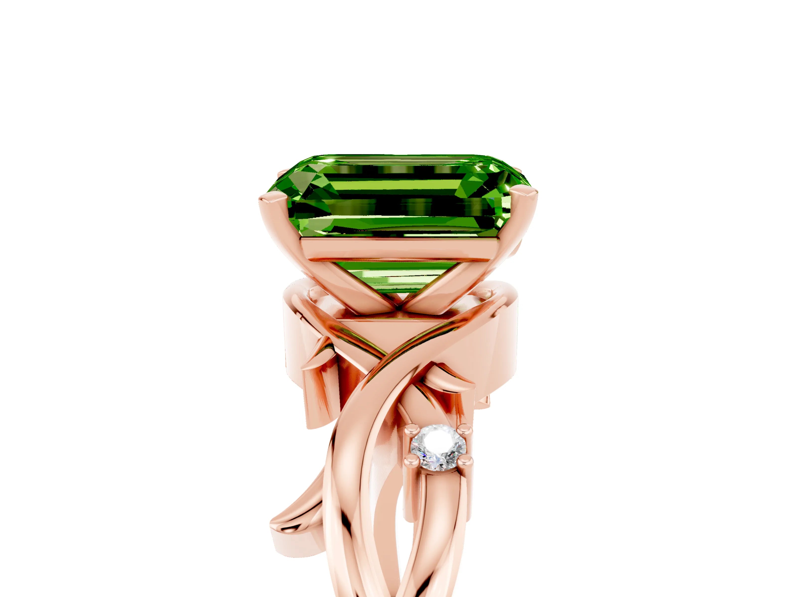 Rose gold Emerald Cut Peridot Solitaire Ring with Twisted Band and Prong Setting_5
