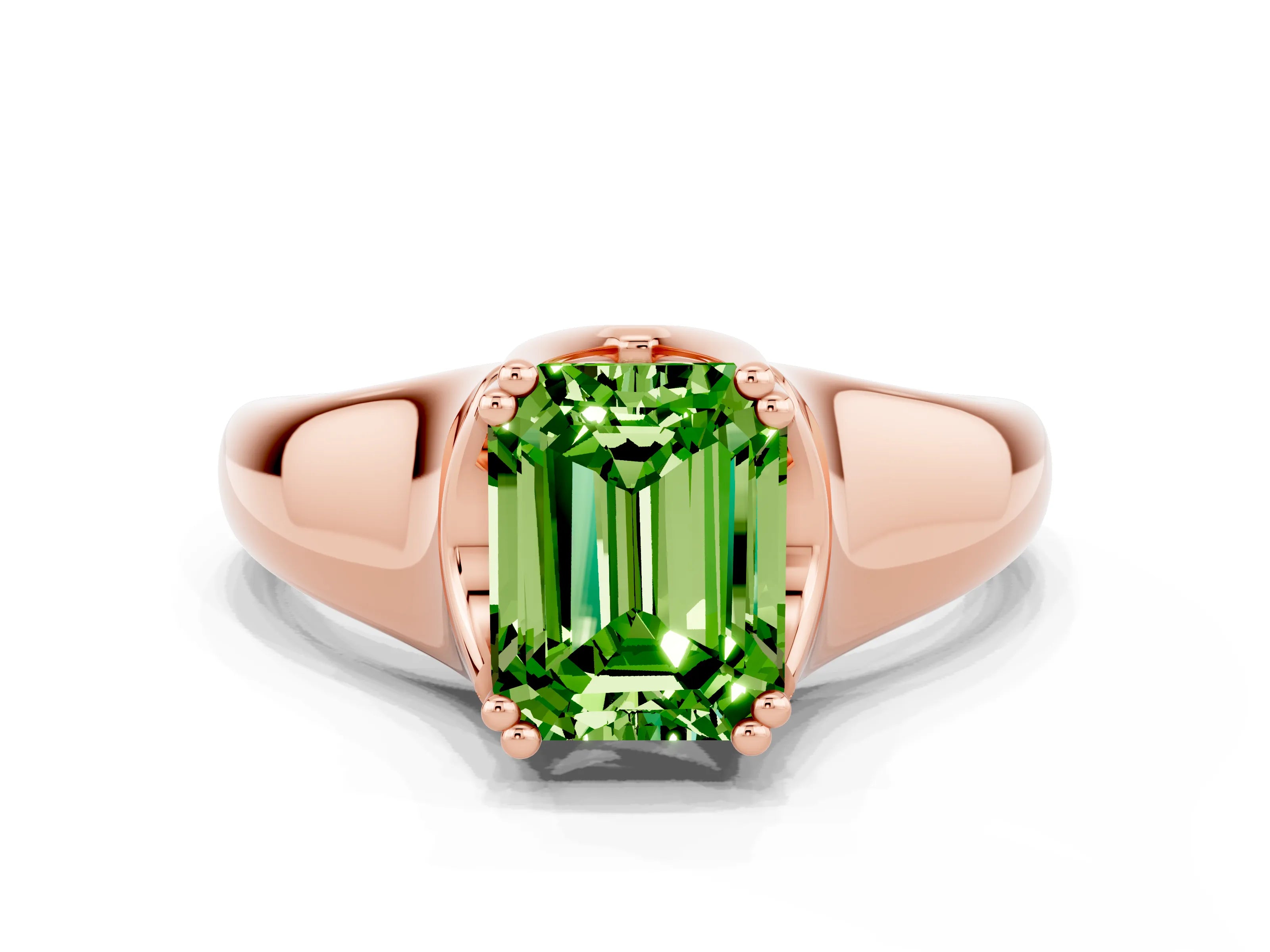 Rose gold Emerald Cut Peridot Solitaire Ring with Wide Band and Prong Setting